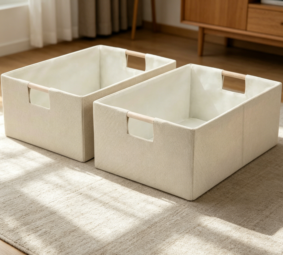 2-Pack Beige Fabric Cube with Wooden Handles
